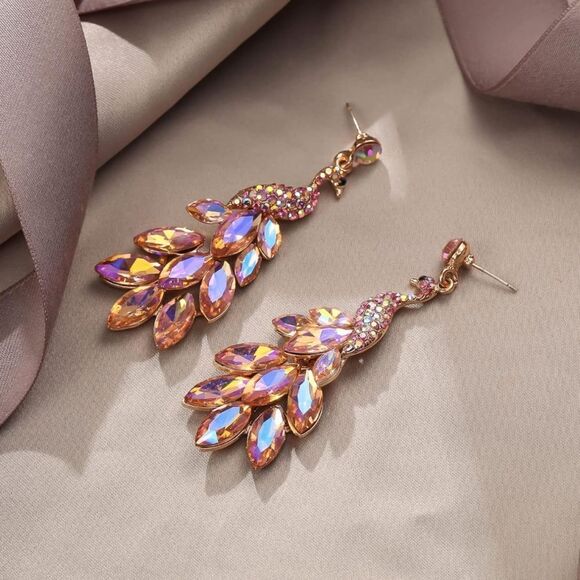Yellow Gold and Pink Iridescent AB Austrian Crystal Peacock Chandelier Earrings - Picture 2 of 5